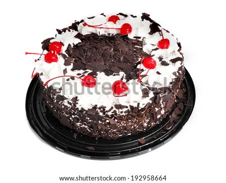 cake, whole round black forest isolated . baked goods cherry cream chocolate design on white