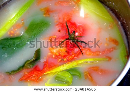 cooking tomato leek soup in a steaming hot pot. ingredient cuisine