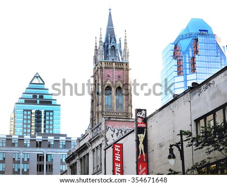 Montreal Quebec Canada - August 9 2015 - View of skyline inner city business center architectural landmark contrasting new glass versus old brick  building. society  lifestyle change with time