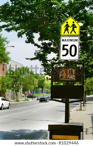 solar LED light community safety warning sign. driving speed danger  school children crossing control.