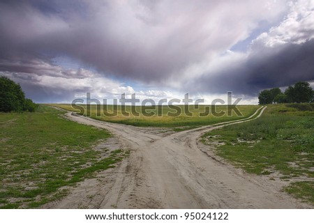 Road-fork before rain in the prairie