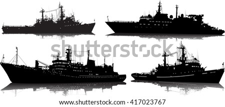 Vector set of four silhouettes of the military ship on a white background