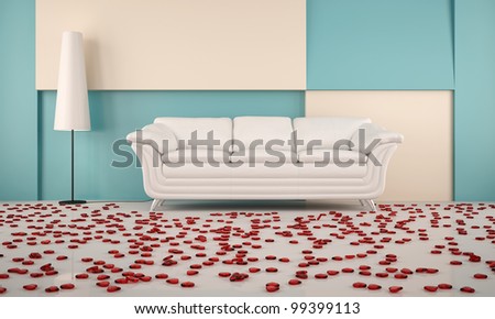 room with white sofa and hearts on the floor with the white floor lamps