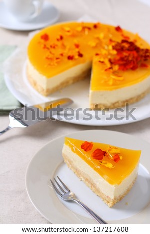 exotic cheese cake with mango and tropical fruits