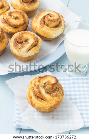 Swedish cinnamon buns on plates with a glass of milk