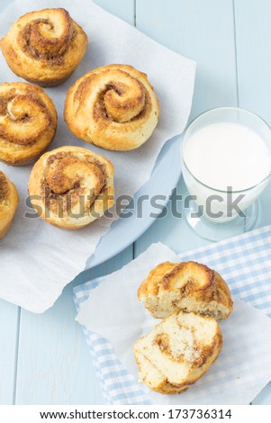 Swedish cinnamon buns on plates with a glass of milk