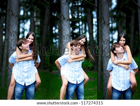 three images collage. Young man carrying his girlfriend on his back in park