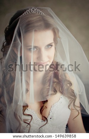 close-up portrait of a pretty shy bride with a veil