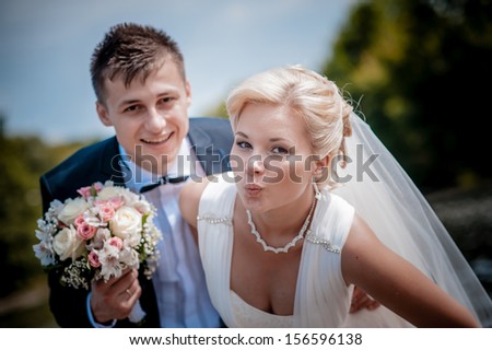 funny groom and bride happy