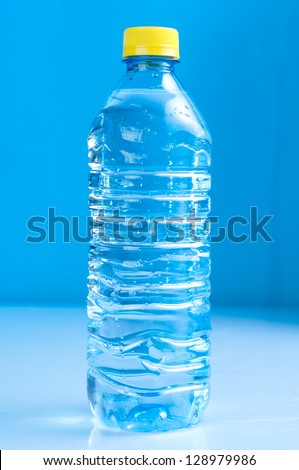 Bottle of mineral wateron blue background