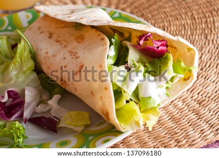 Chicken and vegetables wrapped in tortilla