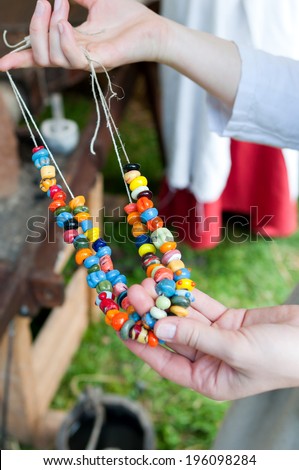 Necklace with glass beads rendered in ancient glass furnace - reconstruction - Slavic people