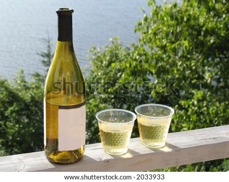 White wine and plastic glasses on deck railing overlooking water.