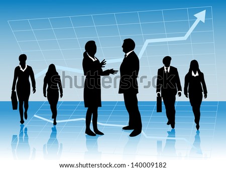 Vector illustration of business presentation background for slides with group of business people with in front of a business graph with arrow up