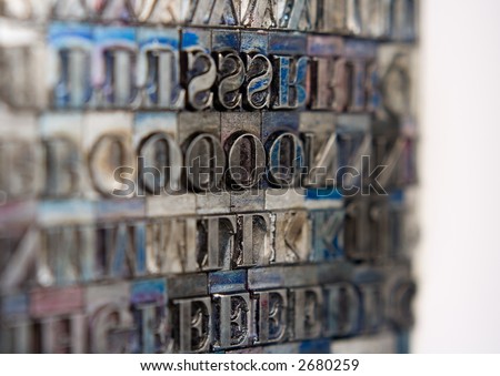 Metal type blocks, used for letterpress printing.