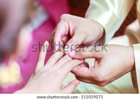 Groom holding bride\'s hand and wearing ring on finger
