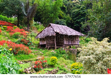 Thai style wooden hut of hill-tribe on the north of Thailand