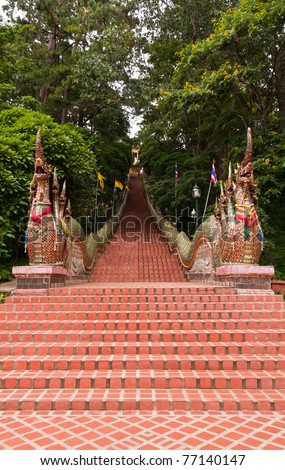 Overall of naga stairs of Wat Prathat Doi Suthep the way up in Chiang Mai, Thailand in vertical style