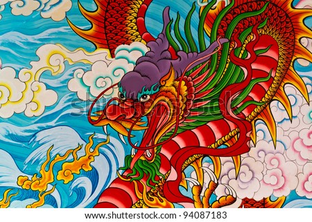 Red fire dragon painting in Chinese temple in Thailand