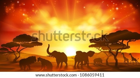 An African safari animal savannah silhouette sunset background landscape scene