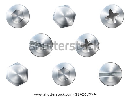 A set of metal shiny screws and bolts for use in your designs A set of metal shiny screws and bolts for use in your designs
