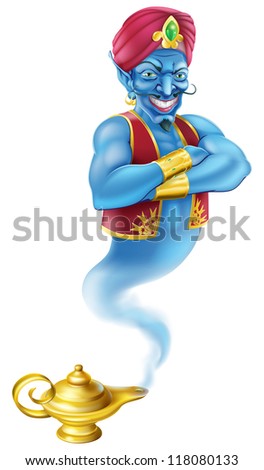 Illustration of a wicked looking Jinn or genie coming out of a classic gold magic oil lamp like the one in the Aladdin story Illustration of a wicked looking Jinn or genie coming out of a classic gold magic oil lamp like the one in the Aladdin story
