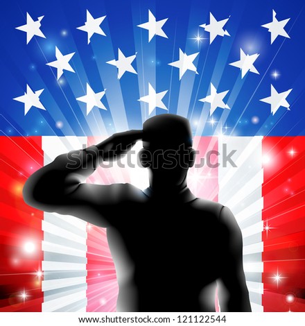 An American US military soldier from the armed forces in silhouette in uniform saluting in front of an American flag background of red white and blue stars and stripes.