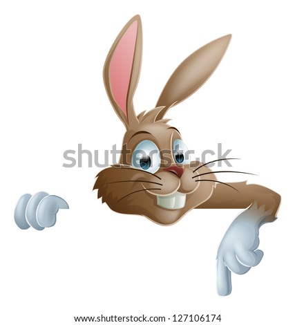 An illustration of a cute cartoon bunny rabbit peeking round from behind a sign and pointing down or showing what it says An illustration of a cute cartoon bunny rabbit peeking round from behind a sign and pointing down or showing what it says