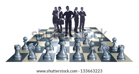 Illustration of a chess business concept. A business team on one side of the chess board playing against chess pieces.