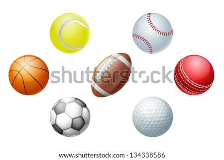 Illustrations of sports ball icons, including cricket ball, football and soccer ball, baseball ball and tennis ball, golf ball and basket ball.