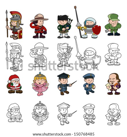 A set of cartoon people or children playing dress up. Color and black and white outline versions included.