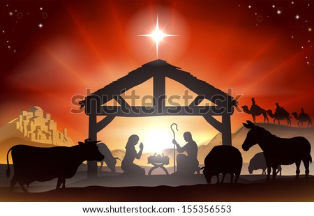 Christmas Christian Nativity Scene With Baby Jesus In The Manger In Silhouette, Three Wise Men Or Kings, Farm Animals And Star Of Bethlehem