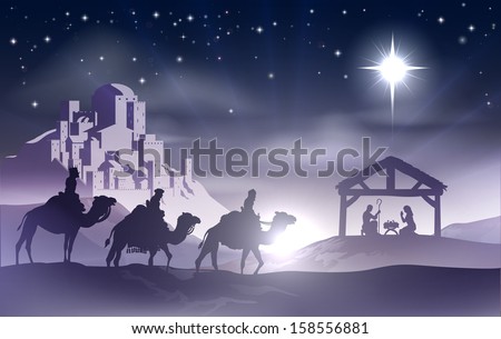 Christmas Christian Nativity Scene With Baby Jesus In The Manger In Silhouette, Three Wise Men Or Kings And Star Of Bethlehem With The City Of Bethlehem In The Distance