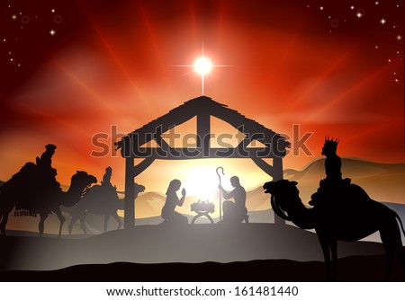 Nativity Christmas Scene With Baby Jesus In The Manger In Silhouette, Three Wise Men Or Kings And Star Of Bethlehem