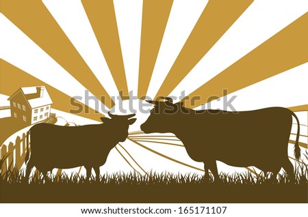 An idyllic dairy farm landscape with cows in silhouette and farmhouse with the sun rising over rolling hills