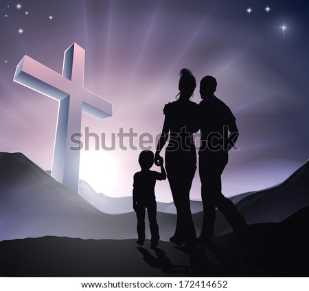 A Christian family with a cross in a mountain landscape and a sunrise, Christian family life or Easter concept