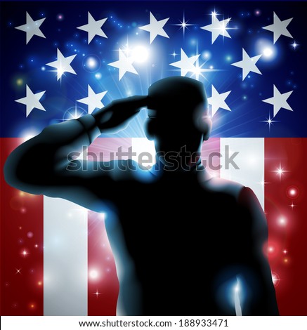 Patriotic soldier or veteran saluting in front of an American flag background Patriotic soldier or veteran saluting in front of an American flag background