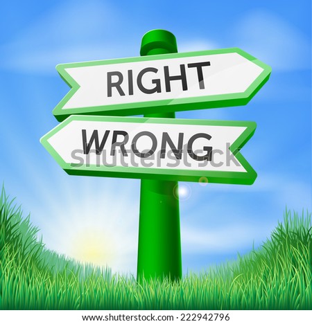 Right or wrong sign in a sunny green field of lush grass