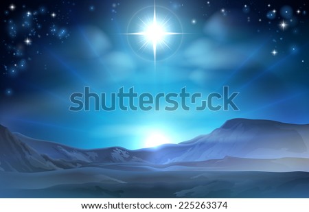 Christmas Nativity Star of Bethlehem illustration of the star over the desert pointing the way to Jesus birth place