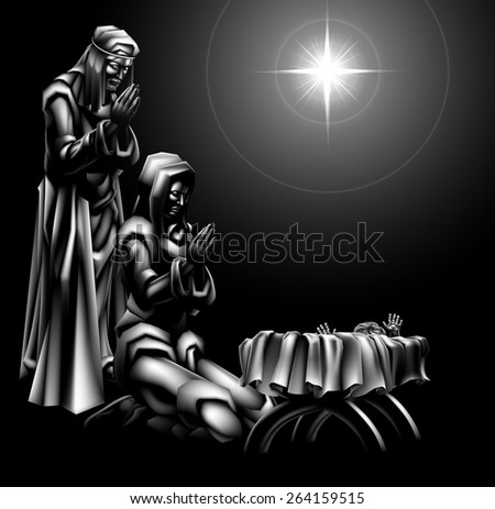Traditional Christian Christmas Nativity Scene of baby Jesus beneath the star in the manger with Mary and Joseph