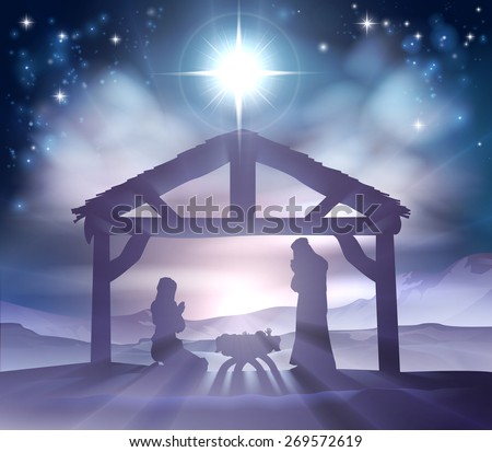 Traditional Christian Christmas Nativity Scene of baby Jesus in the manger with Mary and Joseph in silhouette