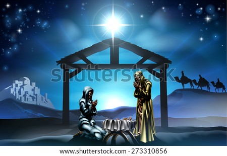 Traditional Christian Christmas Nativity Scene of baby Jesus in the manger with Mary and Joseph in silhouette and wise men in the distance with the city of Bethlehem