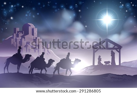 Traditional Christian Christmas Nativity Scene of baby Jesus in the manger with Mary and Joseph in silhouette with wise men