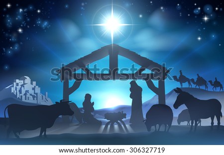 Traditional Christian Christmas Nativity Scene of baby Jesus in the manger with Mary and Joseph in silhouette surrounded by the animals and wise men in the distance with the city of Bethlehem