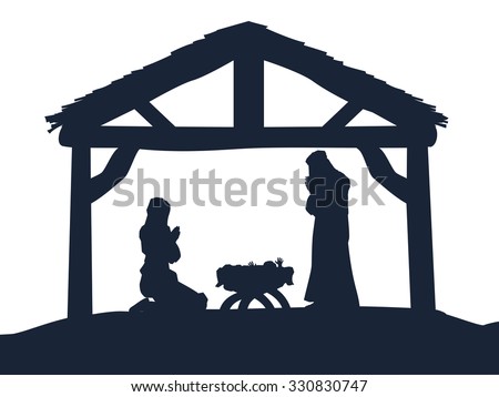 Traditional Christian Christmas Nativity Scene of baby Jesus in the manger with Mary and Joseph in silhouette