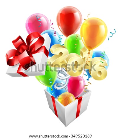 A gift box with red ribbon and bow with a 2016 sign jumping out like a jack in the box on a spring with balloons and party streamers flying out.