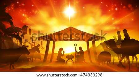 Christmas Christian Nativity Scene of baby Jesus in the manger with Mary and Joseph in silhouette surrounded by animals and the three wise men with the city of Bethlehem in the distance