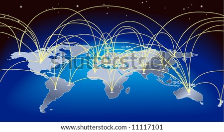 stock photo : A world map background with flight paths or trade routes