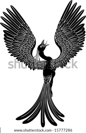 stock vector A black and white phoenix in a pose with its wings 