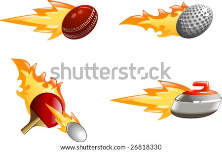 A glossy shiny sport icon set with flames and fire. Golf ball, cricket ball, ping pong bat and ball and curling stone flying fast through the air with flames and fire jetting out the back
